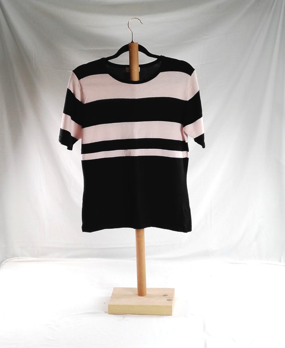 Yarnworks Women’s Medium Pink & Black Striped Knit Sweater Top Short Sleeve